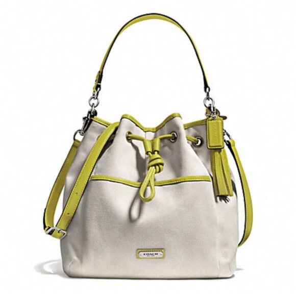 Coach AVERY Bucket Shoulder Bag Tassel Canvas Leather Drawstring Pocket Neutral - Picture 1 of 16